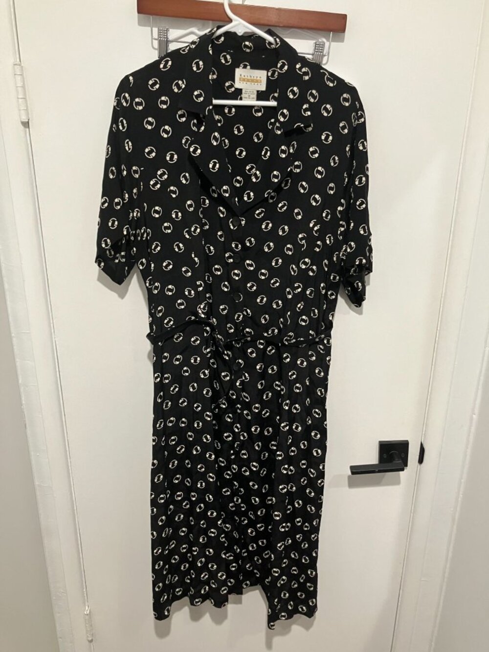VTG Kathryn Deene Women's Belted Patterned Shirt Dress, Black/White, Size 14